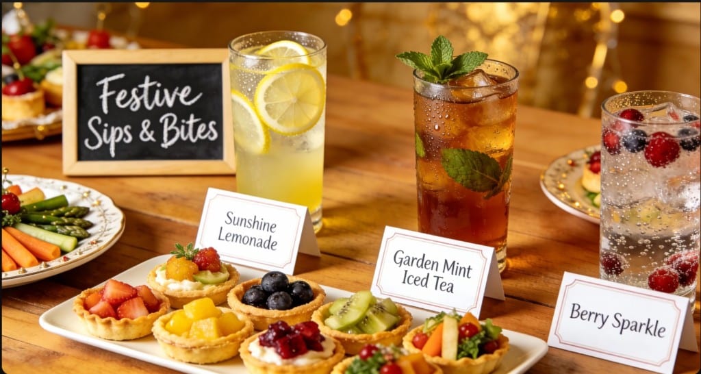 Accords sans alcool pour les repas de fêtes avec boissons festives, jus, thés glacés et bouchées sucrées sur une table de Noël